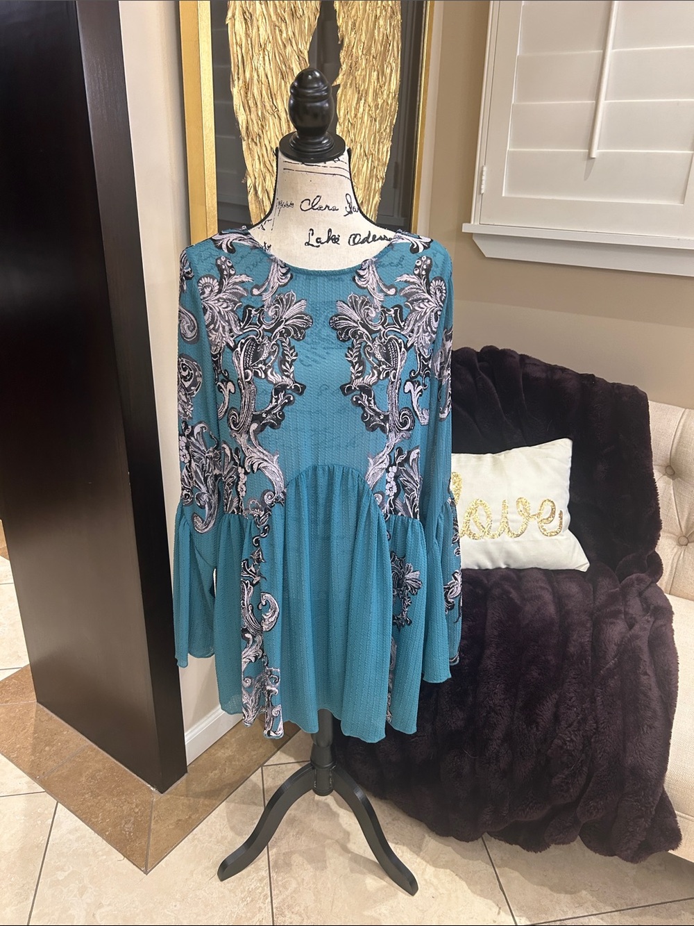 Free People Teal Baroque-Print Mini Dress